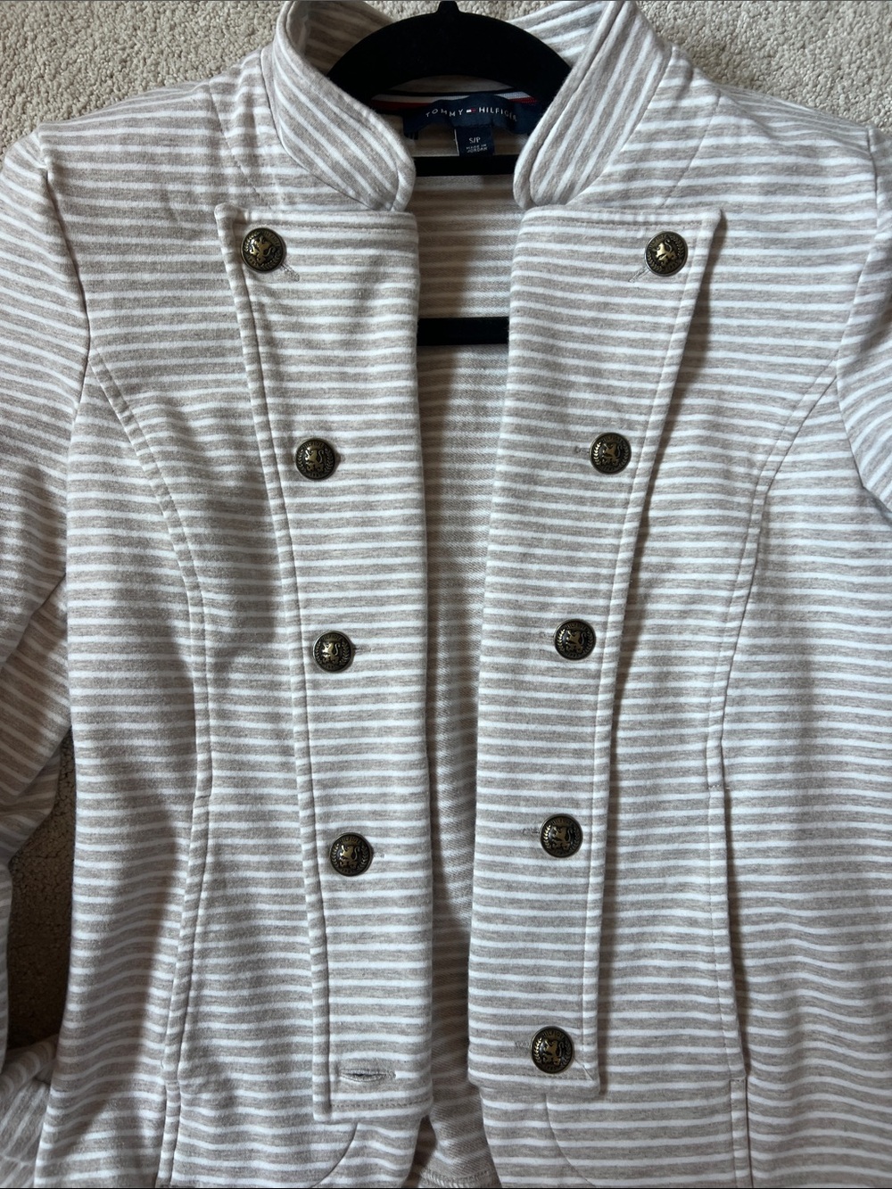 Tommy Hilfiger Women's Tan and White Striped Military-Button Jacket